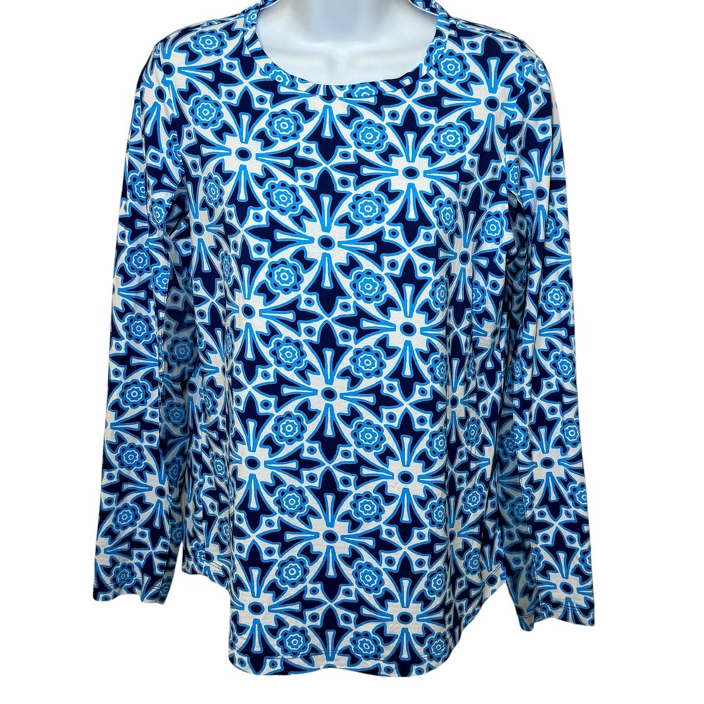 IBKUL Womens Medium Blue‎ White Geometric Floral UPF 50+ Long Sleeve Sun Shirt